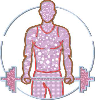 1980s Memphis style design illustration of personal trainer lifting a barbell viewed from front set inside circle on isolated background.
