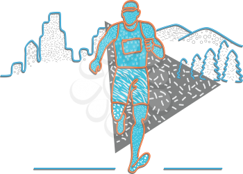 1980s Memphis style design illustration of a marathon runner running with buildings and mountains behind him on isolated background.