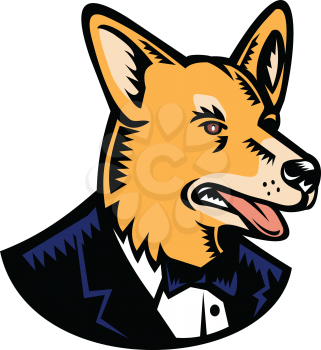 Retro woodcut style illustration of a Welsh Corgi or Pembroke Welsh Corgi dog wearing a tuxedo coat and tie looking to side on isolated white background done in color.