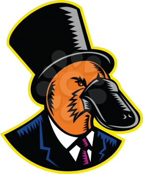 Retro woodcut style illustration of a duck-billed platypus, a semiaquatic egg-laying mammal endemic to eastern Australia, wearing a topper or top hat and suit on isolated background in color.