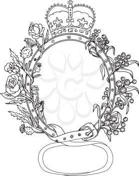 Drawing sketch style illustration of Scottish or Celtic cross buckle belt, a classic leather belt  with an English rose and thistle intertwined and a royal crown on top set on isolated background done in black and white.