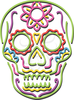 Retro style illustration showing a 1990s neon sign light signage lighting of a tattoo decorative sugar skull or calavera on isolated background.
