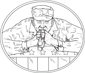 Drawing sketch style illustration of an African American soldier or veteran holding dog tag praying over USA stars and stripes flag set inside oval on isolated white background done in black and white.