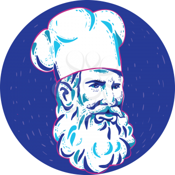 Doodle art illustration of an angry bearded chef, cook or baker looking to side set inside circle done in retro style.