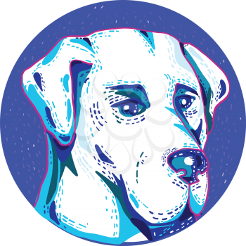 Doodle art illustration of head of a Labrador Retriever or Lab, a type of retriever-gun dog set inside circle done in retro style.