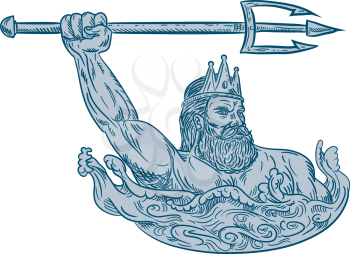 Drawing sketch style illustration of Triton, a Greek god, the messenger of the sea, son of Poseidon and Amphitrite, wielding trident on sea with waves on isolated white background in color.
