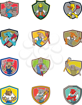 Set or collection of cartoon character mascot style illustration of animals like bull, gorilla, duck, dragon, dog, cow, bulldog, texas longhorn in different industrial occupation jobs set inside shield.
