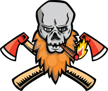 Mascot icon illustration of a bearded skull or skeleton head, a lumberjack, logger or woodcutter, smoking cigar with crossed axe, hatchet or ax viewed from front on isolated background in retro style.