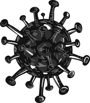 Retro woodcut style illustration of a coronavirus, COVID-19 or 2019-nCoV cell on isolated background done in black and white.