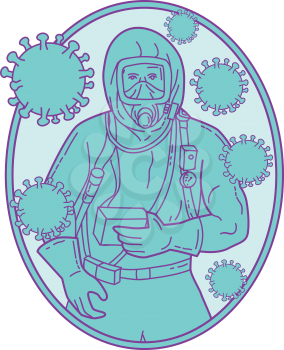 Mono line style illustration of a doctor or medical worker wearing protective or haz chem suit with coronavirus cell floating set inside oval shape on isolated background. 
