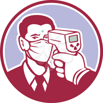 Retro style illustration of a man being screened for coronavirus using a  non contact forehead infrared body temperature scanner inside circle shape on isolated background.