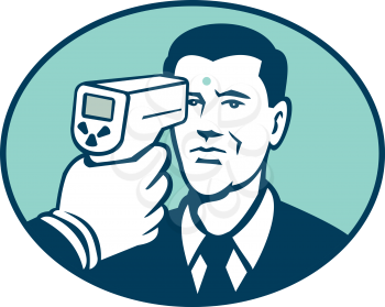 Retro style illustration of a coronavirus non contact forehead infrared body temperature scanner pointed at a man set inside oval shape on isolated background.