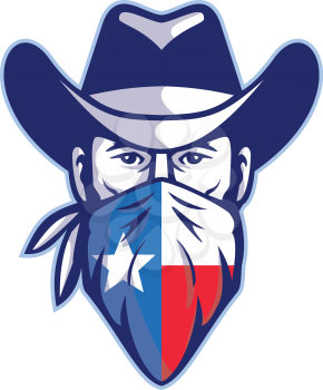 Mascot icon illustration of head of Texan bandit, outlaw or highwayman wearing cowboy hat and bandana, kerchief or bandanna with Texas Lone Star flag front view on isolated background in retro style.