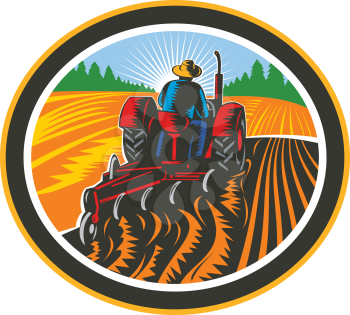 Retro illustration of a farmer worker driving a vintage tractor plowing farm or field viewed from rear set inside oval shape done in woodcut style on isolated background in full color.