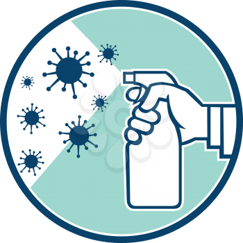 Icon retro style illustration of a hand spraying disinfectant spray on coronavirus,  COVID-19 or influenza virus microscopic cell set inside circle on isolated background.
