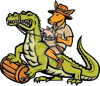 Mascot icon illustration of a Australian outback kangaroo with pig in pouch riding a crocodile or croc holding a beer barrel  viewed from side on isolated background in retro style.