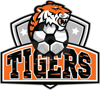 Mascot icon illustration of head of a tiger with soccer football ball set inside crest or shield with word Tigers viewed from front on isolated background in retro style.