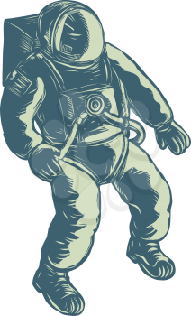 Scratchboard style illustration of an astronaut, cosmonaut or spaceman floating in spacdone on scraperboard on isolated background.
