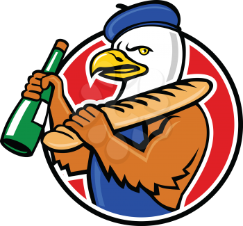 Mascot icon illustration of bust of an American bald eagle wearing a French beret holding a baguette and bottle of wine set inside circle on isolated background in retro style.