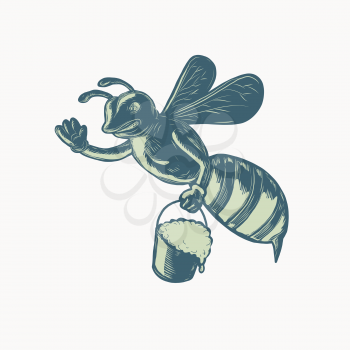 Scratchboard style illustration of a honey bee waving carrying a pail of dripping honey done on scraperboard on isolated background.