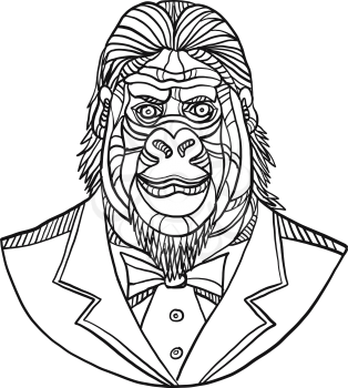 Mono line illustration of bust of a gorilla or ape wearing tuxedo jacket coat and tie suit viewed from front done in black and white monoline style.