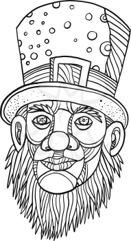 Mono line illustration of a head of an Irish leprechaun with beard and top hat done in black and white monoline style.