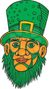 Mono line illustration of a head of an Irish leprechaun with green beard and top hat done in monoline style.