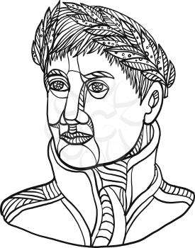 Mono line illustration of an emperor or Napoleon Bonaparte wearing laurel leaf crown on head looking to side done in black and white monoline style.