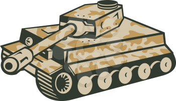 Retro style illustration of German world war two camouflaged panzer battle tank aiming its cannon towards the side on isolated background.