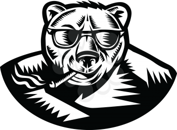 Retro woodcut style illustration of a grizzly bear smoking a cigar viewed from front on isolated background in black and white.