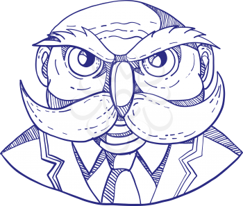 Doodle art illustration of an angry old bald man that looks like an owl with mustache wearing coat and tie viewed from front done in caricature style.
