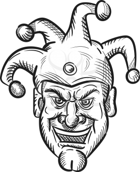Drawing sketch style illustration of head of a crazy medieval court jester, harlequin or fool with a sarcastic silly grin or smile on isolated white background in black and white.