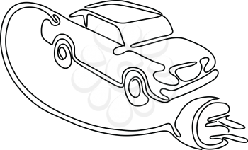 Continuous line drawing illustration of an electric vehicle, car or automobile with charging cable and plug coming out done in sketch or doodle style in black and white. 