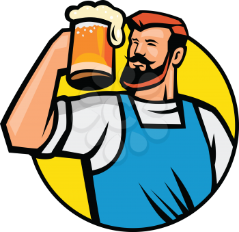 Mascot icon illustration of bust of a bearded hipster toasting a mug of beer or ale set inside circle viewed from front on isolated background in retro style.