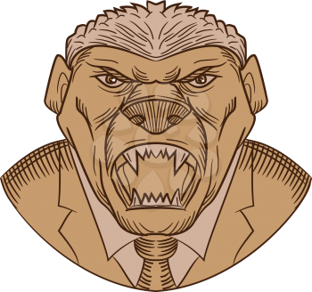 Drawing sketch style illustration head of an aggressive and angry honey badger wearing a coat and tie or business suit baring it's fangs on isolated white background.