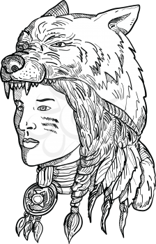 Drawing sketch style illustration of a native American woman wearing a wolf headdress, headgear or headwear looking to side in black and white on isolated background.