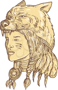 Drawing sketch style illustration of a native American woman wearing a wolf headdress, headgear or headwear viewed from side in sepia and on isolated white background.
