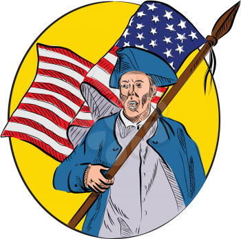 Drawing sketch style illustration of an American patriot revolutionary soldier or minuteman militia, holding a USA stars and stripes flag set inside oval on isolated white background.
