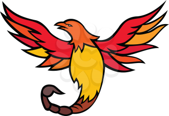 Mascot icon illustration of a phoenix with a scorpion tail and venomous stinger flying and rising up viewed from front  on isolated background in retro style.