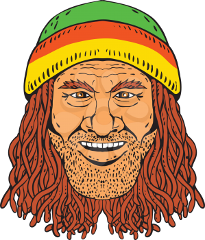 Drawing sketch style illustration of head of a Rastafarian, Rastafari or guy practising Rastafarianism, wearing a beanie and dreadlocks on white background in full color.