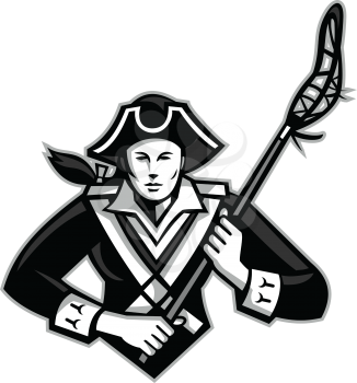 Mascot icon illustration of bust of a girl or female American patriot with lacrosse stick viewed from front on isolated background in retro style done in grayscale.