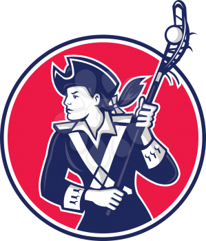 Mascot icon illustration of a female American patriot as Lacrosse player running with lacrosse stick set inside circle on isolated background in retro style.