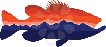 Retro style illustration of silhouette of a largemouth bass, a carnivorous freshwater gamefish in the Centrarchidae family, a species of black bass with mountains and sky inside silhouetted shape.