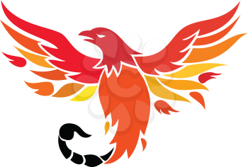 Icon retro style illustration of a mythical phoenix or firebird of Greek mythology with a tail of a scorpion or venomous stinger flying up on isolated background.