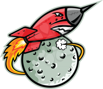 Mascot icon illustration of vintage rocket ship or spaceship launching, flying or taking-off from the moon on isolated background in retro style.