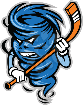 Mascot icon illustration of a tornado, twister or cyclone ice hockey player holding stick viewed from front on isolated background in retro style.