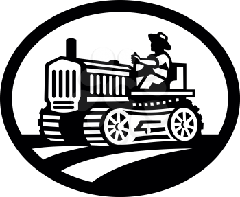 Retro illustration of an organic farmer worker driving a vintage tractor plowing farm or field viewed from side set inside oval shape done in monochrome style on isolated background.