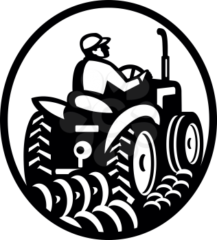 Illustration of an organic farmer plowing field with vintage tractor viewed from the rear set inside oval done in retro Monochrome style on isolated white background.