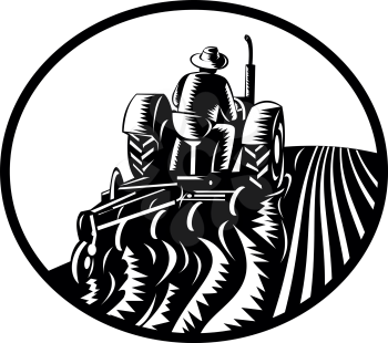 Retro illustration of an organic farmer worker driving a vintage tractor plowing farm or field viewed from rear set inside oval shape done in woodcut monochrome zstyle on isolated background.