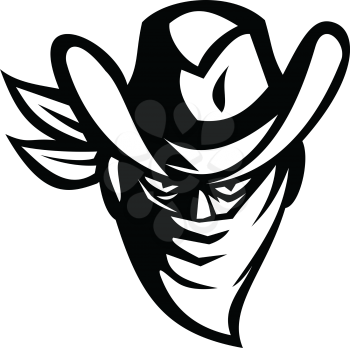 Retro style illustration of a cowboy outlaw or bandit wearing face mask or bandana to cover his face viewed from front on isolated background in Black and White.